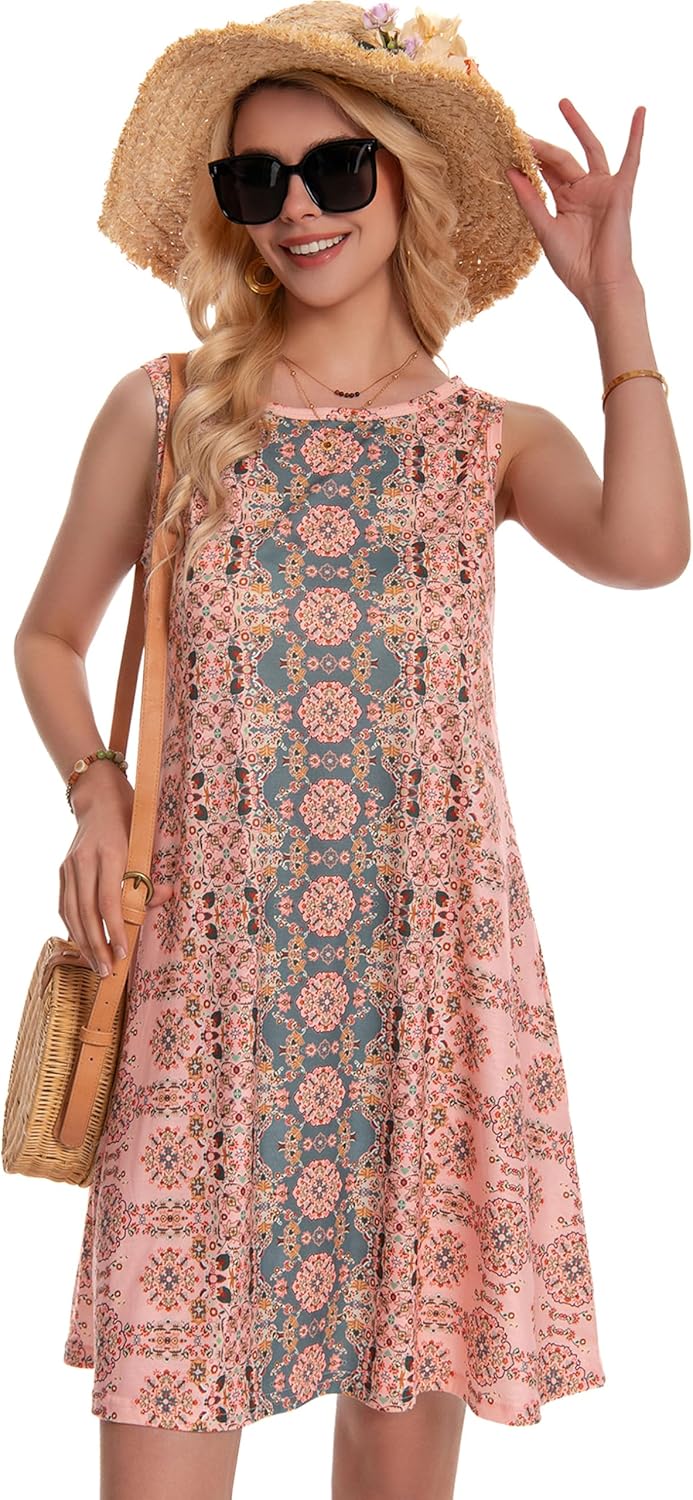 Summer Dresses for Women Beach Boho Sleeveless Vintage Floral Flowy Pocket Tshirt Tank Sundresses