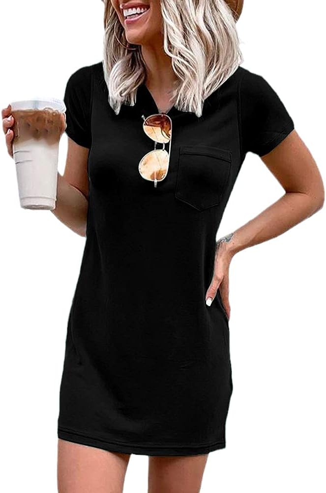 Women T Shirt Dress Summer Fashion Mini Dress Crew Neck Short Sleeve Dress Solid Color Casual Dress with Pocket