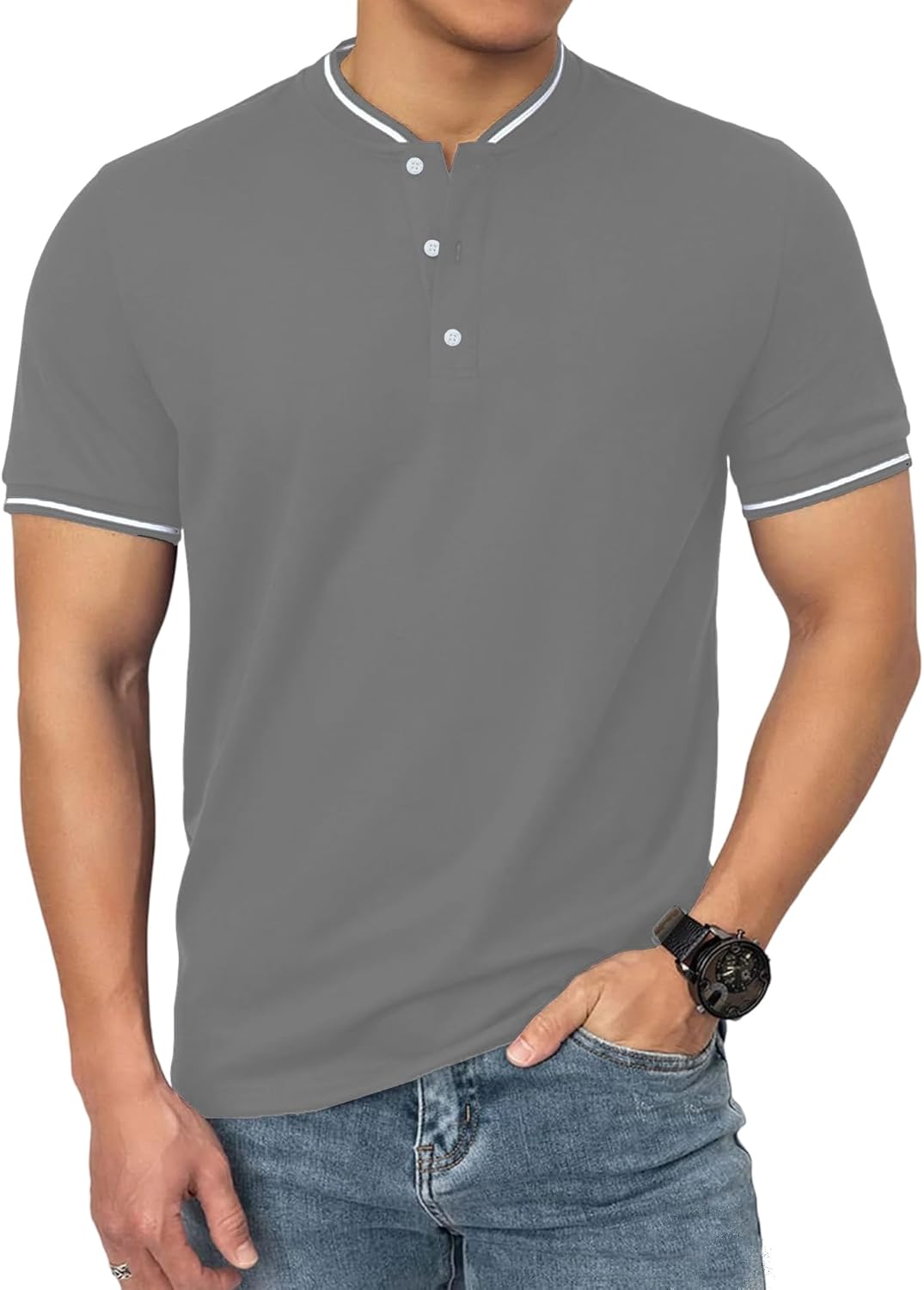 Men's Polo Shirts Casual Short Sleeve Cotton Pique Polo T Shirts Classic Collarless Golf Shirts for Men