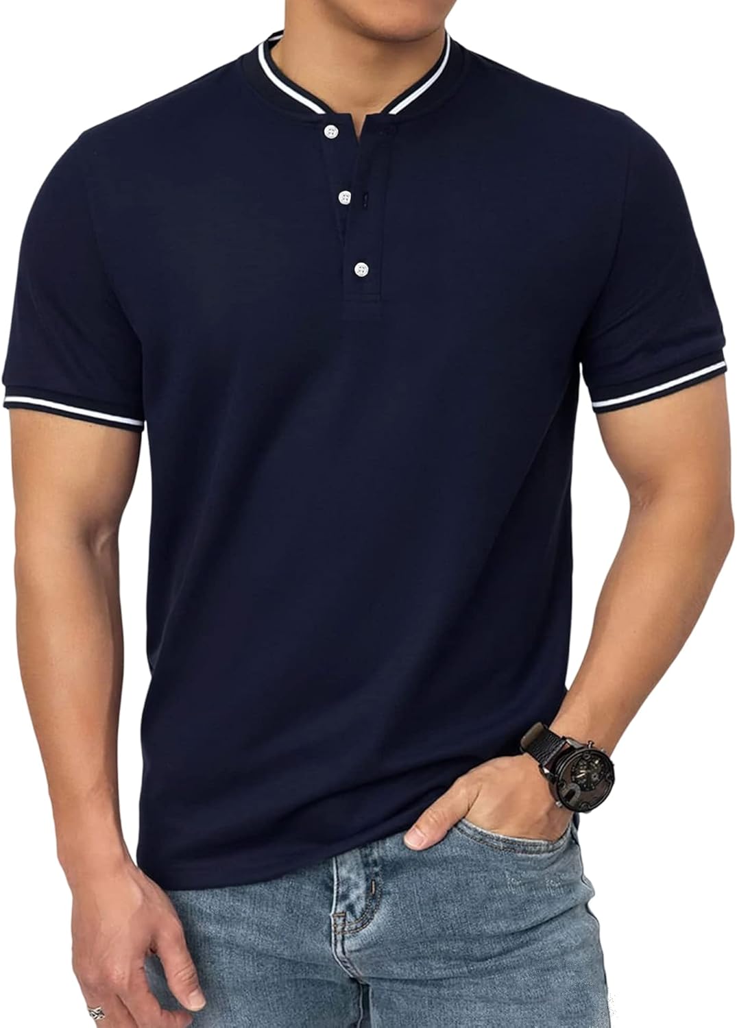 Men's Polo Shirts Casual Short Sleeve Cotton Pique Polo T Shirts Classic Collarless Golf Shirts for Men