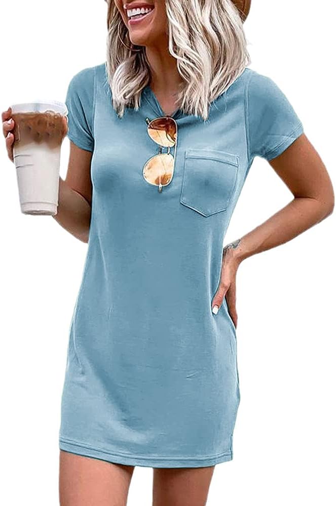 Women T Shirt Dress Summer Fashion Mini Dress Crew Neck Short Sleeve Dress Solid Color Casual Dress with Pocket